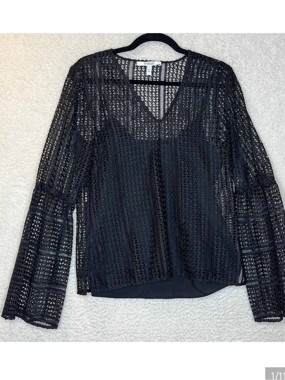 10 Crosby Derek Lam Black Crochet Lace V-Neck Bell Sleeve Top